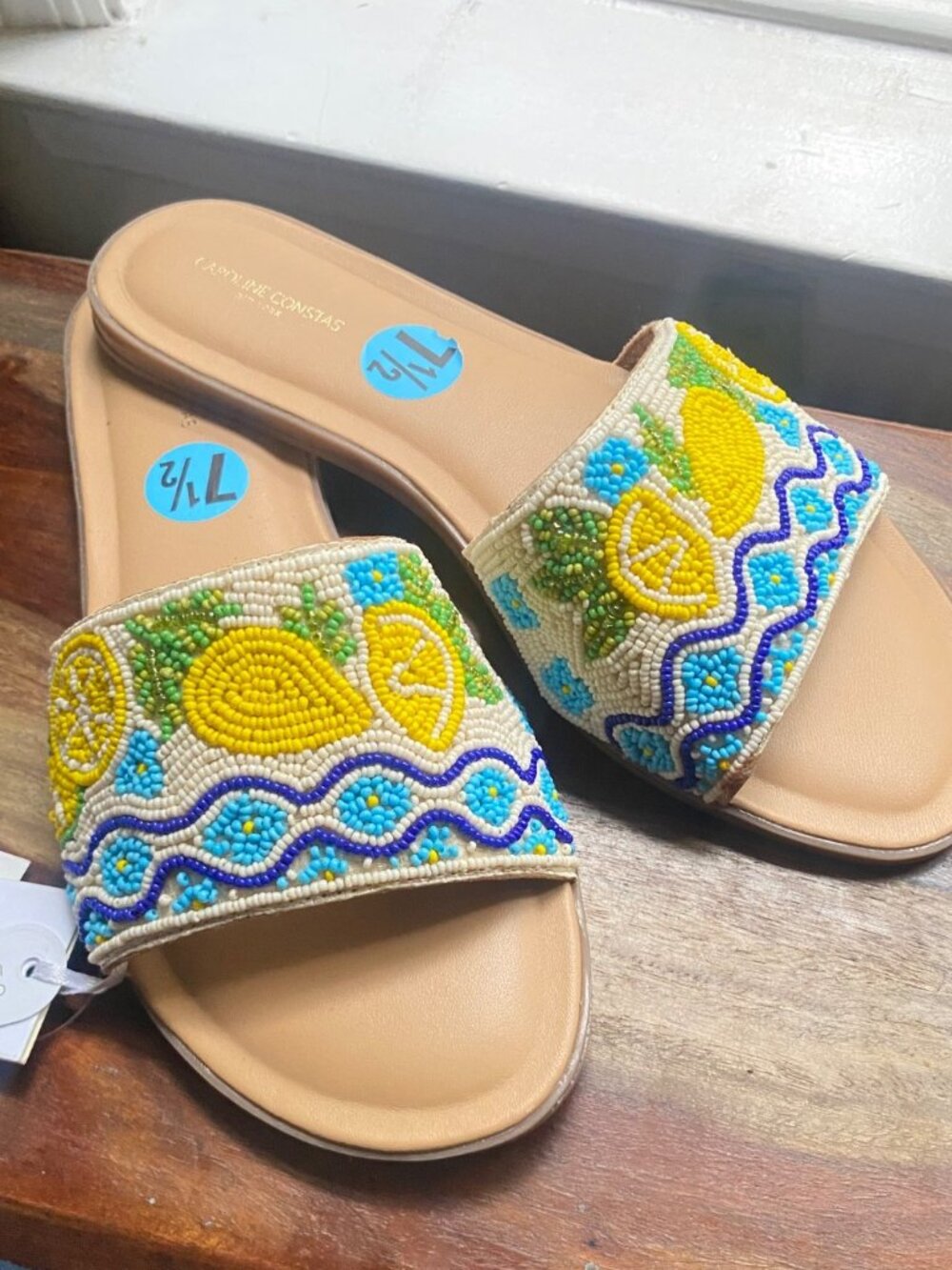 NWT Caroline Constas Lemon Beaded Leather Slide Sandals Women's